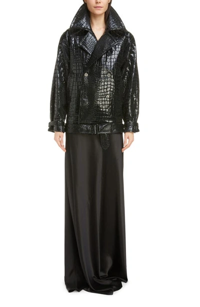 Shop Saint Laurent Croc Embossed Lacquered Jacket In Black