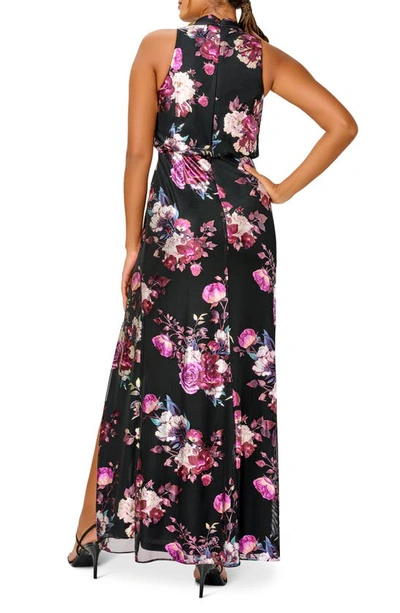 Shop Adrianna Papell Floral Foil Sleeveless Front Slit Dress In Black Multi