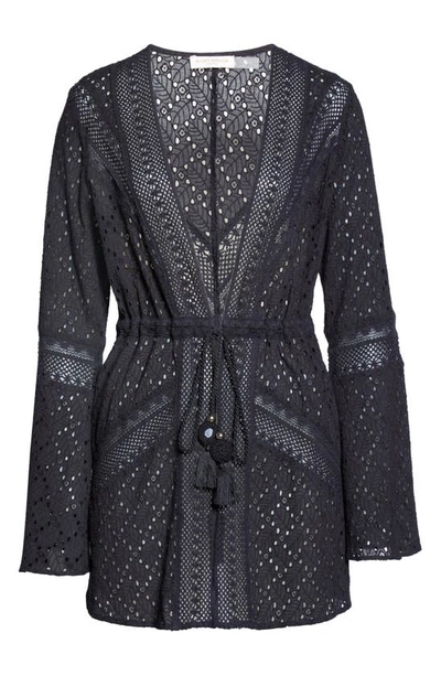 Shop Ramy Brook Simona Long Sleeve Cotton Eyelet Cover-up Dress In Black