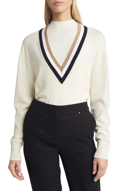 Hugo Boss Felipina Deep V Neck Iconic Stripe Jumper In Beige | ModeSens