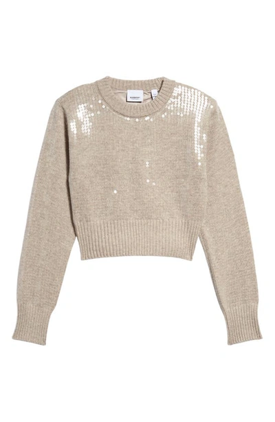 Shop Burberry Camilla Sequin Crop Cashmere Sweater In Beige Melange