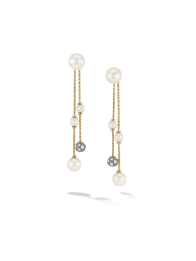 Shop David Yurman Women's Pearl And Pavé 2 Row Drop Earrings In 18k Yellow Gold With Diamonds