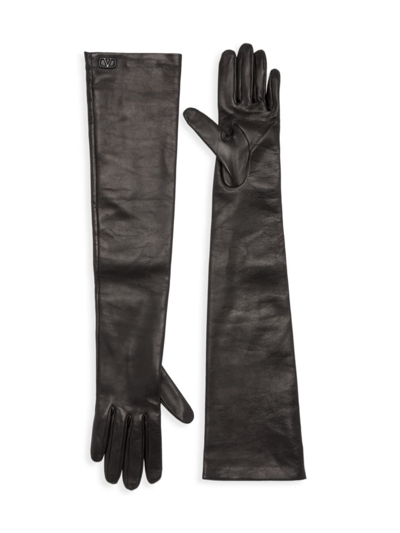 Shop Valentino Women's Vlogo Leather Long-sleeve Gloves In Nero
