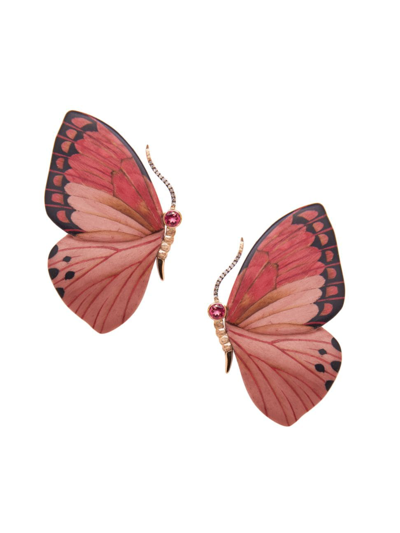 Shop Silvia Furmanovich Women's Silk Road 18k Rose Gold, 0.2 Tcw Diamond, Pink Tourmaline, & Wood Marquetry Butterfly Earrin