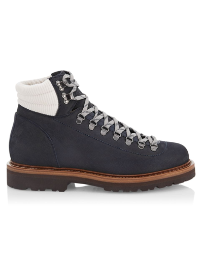 Shop Brunello Cucinelli Men's Leather Lug Sole Hiking Boots In Blue