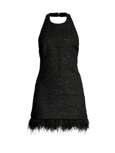 Shop Aiifos Women's Jackie Tweed Feather-trim Halter Dress In Black