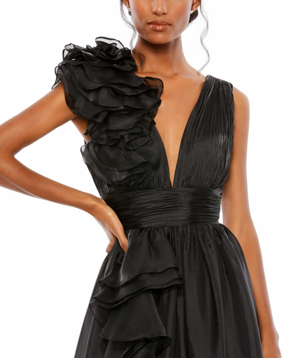 Shop Mac Duggal Ruffle Shoulder V-neck Chiffon Gown In Black
