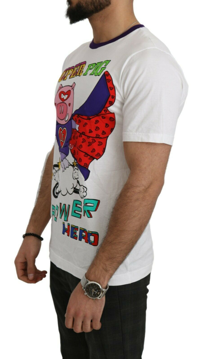 Shop Dolce & Gabbana White Cotton Top Super Power Pig Men's T-shirt