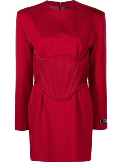 Shop Versace Corset-detail Virgin Wool Dress In Red