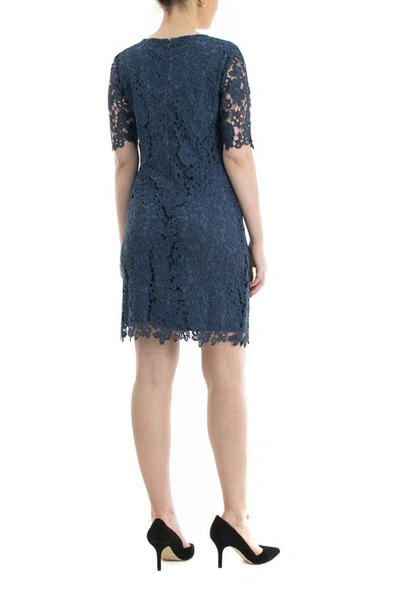 Nina Leonard Jewel Neck Lace Dress In Blue Moon