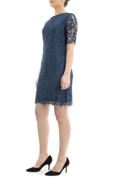 Nina Leonard Jewel Neck Lace Dress In Blue Moon
