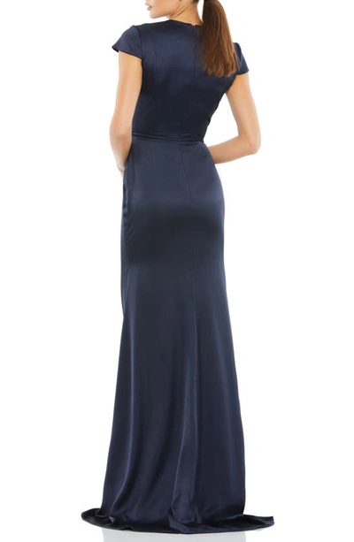 Shop Ieena For Mac Duggal Cap Sleeve Satin A-line Gown In Midnight