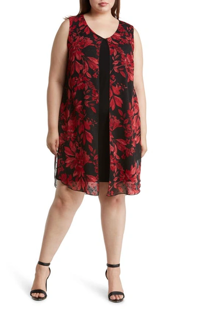 Shop Connected Apparel Floral Chiffon Overlay Cape Dress In Red