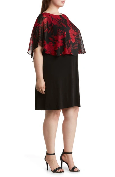 Connected Apparel Floral Cape Overlay Sheath Dress In Red