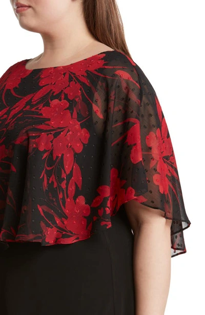 Connected Apparel Floral Cape Overlay Sheath Dress In Red