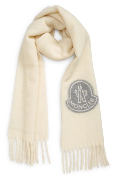 Shop Moncler Intarsia Logo Wool Blend Scarf In Natural