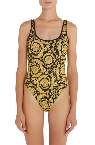 Shop Versace Barocco Print One-piece Swimsuit In Gold Print