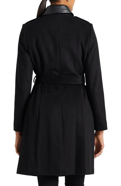 Shop Lauren Ralph Lauren Tie Waist Faux Leather Trim Wool Blend Coat In Black