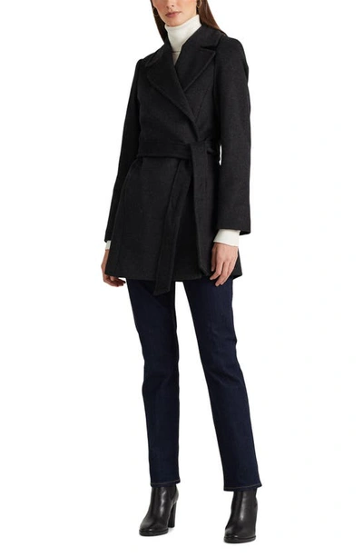 Shop Lauren Ralph Lauren Belted Wool Blend Coat In Charcoal