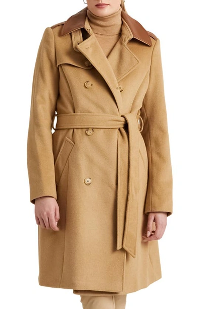 Shop Lauren Ralph Lauren Tie Waist Faux Leather Trim Wool Blend Coat In Camel