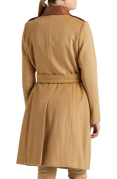 Shop Lauren Ralph Lauren Tie Waist Faux Leather Trim Wool Blend Coat In Camel