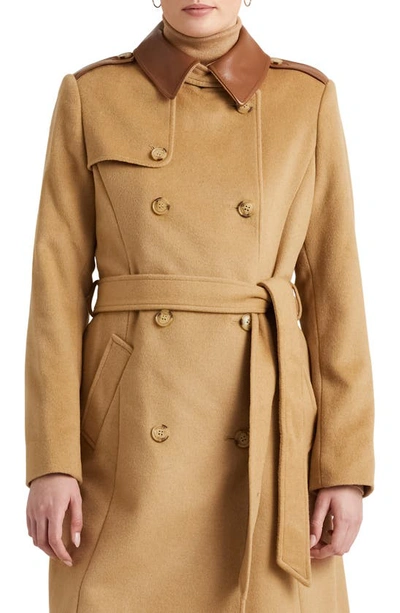 Shop Lauren Ralph Lauren Tie Waist Faux Leather Trim Wool Blend Coat In Camel