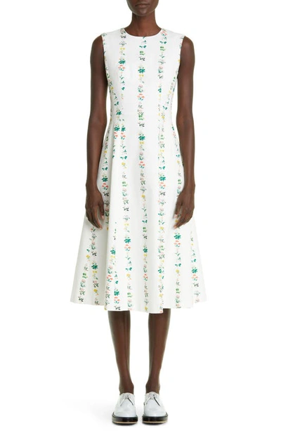 Shop Adam Lippes Floral Stripe Twill Midi Dress In White Stripe