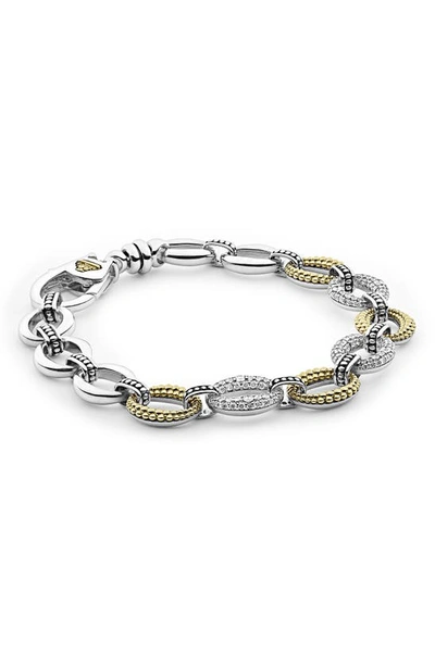 Lagos Stainless Steel & 18k Yellow Gold Caviar Luxe Diamond Link Bracelet In Silver