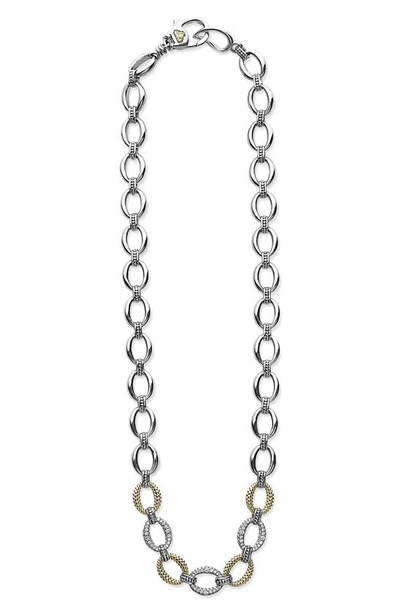 Lagos Sterling Silver & 18k Yellow Gold Caviar Luxe Diamond Link Necklace, 18 In Silver