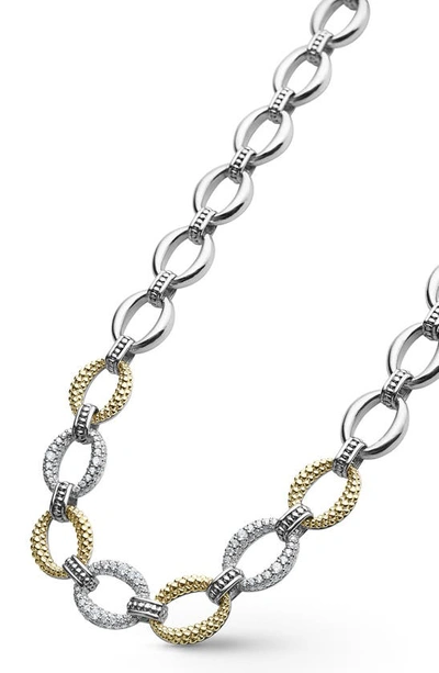 Lagos Sterling Silver & 18k Yellow Gold Caviar Luxe Diamond Link Necklace, 18 In Silver