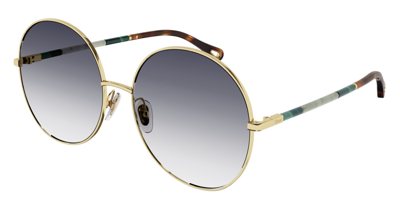 Shop Chloé Chloe Blue Round Ladies Sunglasses Ch0112s 001 61 In Blue / Gold