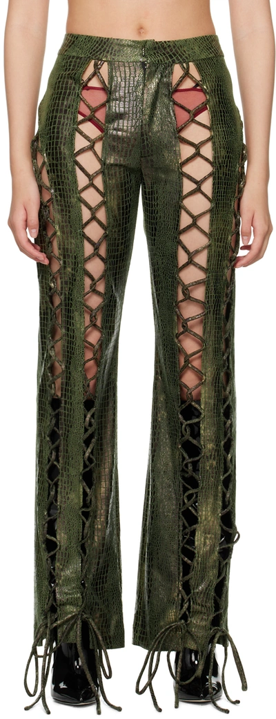 Shop Kim Shui Ssense Exclusive Khaki Lace-up Faux-leather Trousers In Croc