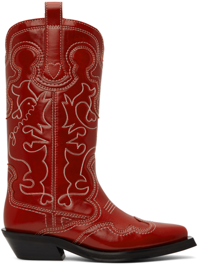 Shop Ganni Red Embroidered Western Boots In 396 Barbados Cherry