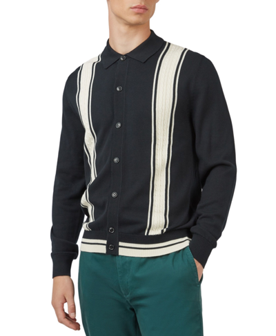 Shop Ben Sherman Men's Varsity-inspired Knitted Button-front Long-sleeve Shirt In Black