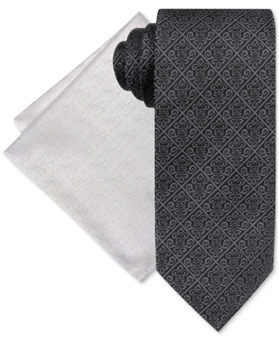 Shop Steve Harvey Men's Medallion Tie & Pocket Square Set In Black