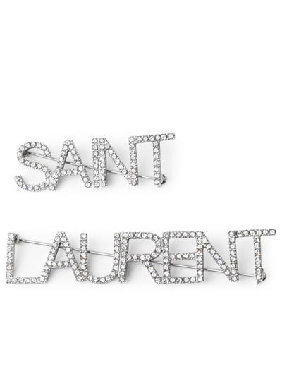 Shop Saint Laurent Silver Crystal Brooch