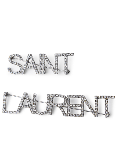 Shop Saint Laurent Silver Crystal Brooch