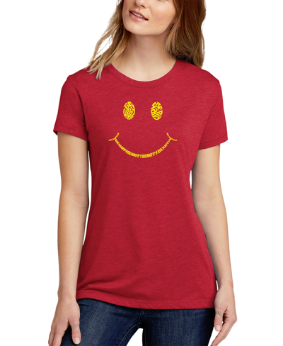 Shop La Pop Art Women's Premium Blend Be Happy Smiley Face Word Art T-shirt In Red