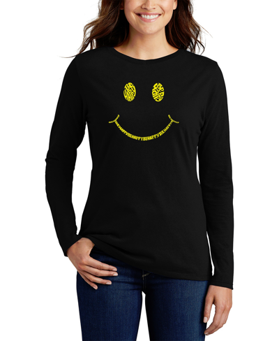 Shop La Pop Art Women's Be Happy Smiley Face Word Art Long Sleeve T-shirt In Black