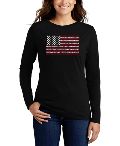 Shop La Pop Art Women's 50 States Usa Flag Word Art Long Sleeve T-shirt In Black