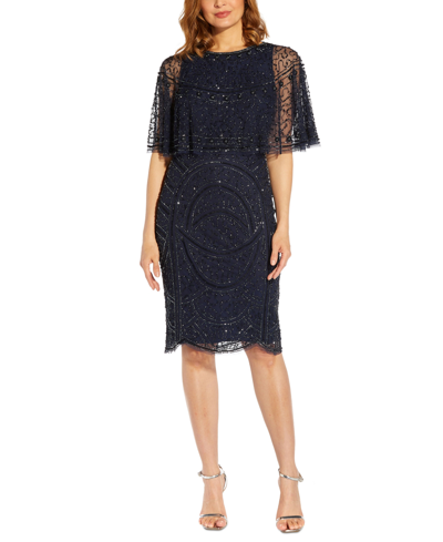 Shop Adrianna Papell Women's Beaded Cape Cocktail Dress In Light Navy
