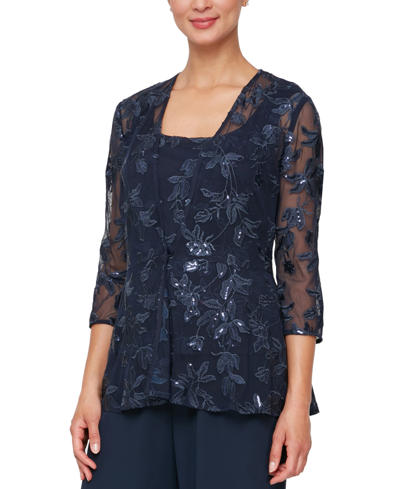 Shop Alex Evenings Women's Embroidered Sequined Jacket & Tank Top Twinset In Dark Navy