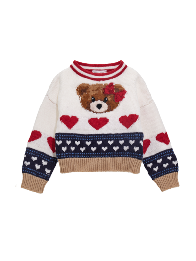 Shop Monnalisa Merino Teddy And Hearts Sweater In Ecru + Navy Blue
