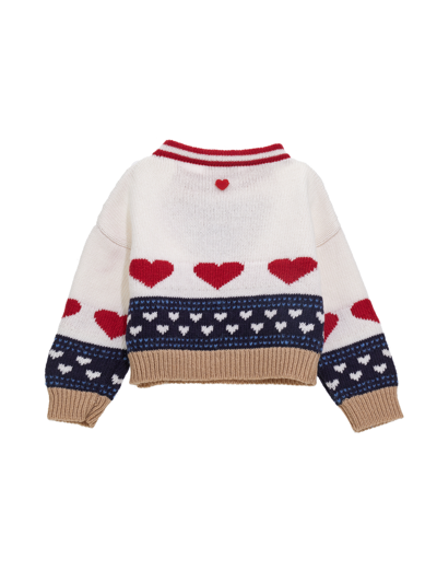 Shop Monnalisa Merino Teddy And Hearts Sweater In Ecru + Navy Blue
