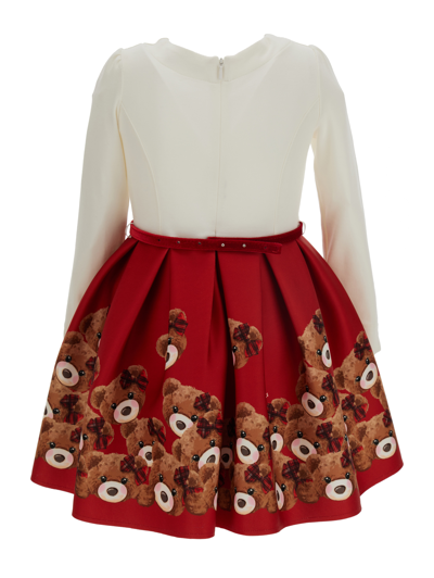 Shop Monnalisa Neoprene Dress With Teddy Bears Skirt In Ruby Red