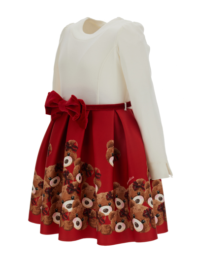 Shop Monnalisa Neoprene Dress With Teddy Bears Skirt In Ruby Red