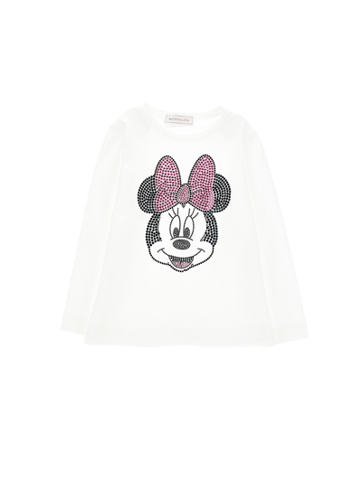 Shop Monnalisa Minnie Mouse Rhinestone Jersey T-shirt In Cream