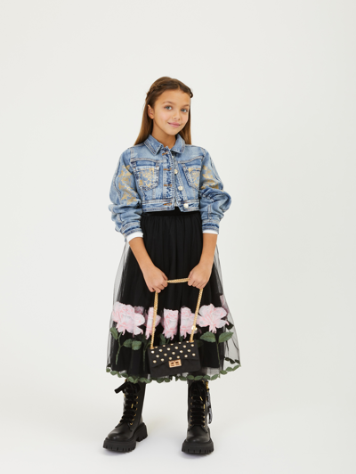 Shop Monnalisa Embroidered Tulle Longuette Skirt In Black