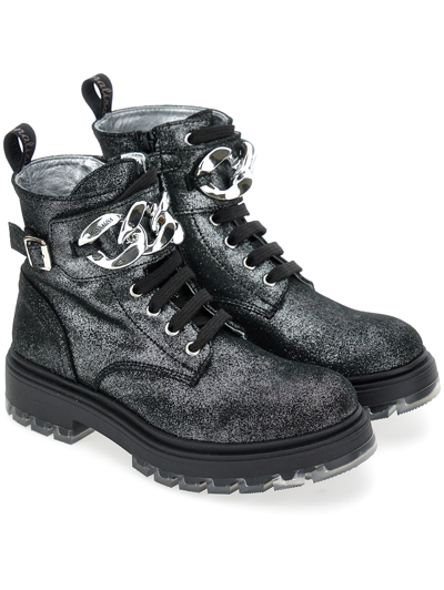 Shop Monnalisa Glitter Suede Combat Boots In Black