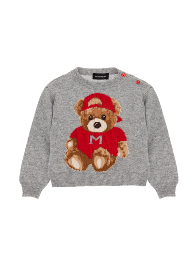Shop Monnalisa Teddy Bear Intarsia Merino Sweater In Grey